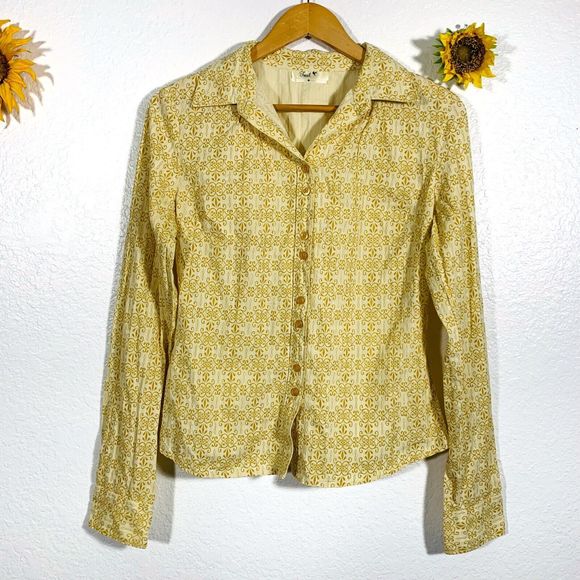 Fossil Damask Floral Yellow Golden Button Up Blouse Size Medium Women’s - Picture 1 of 6